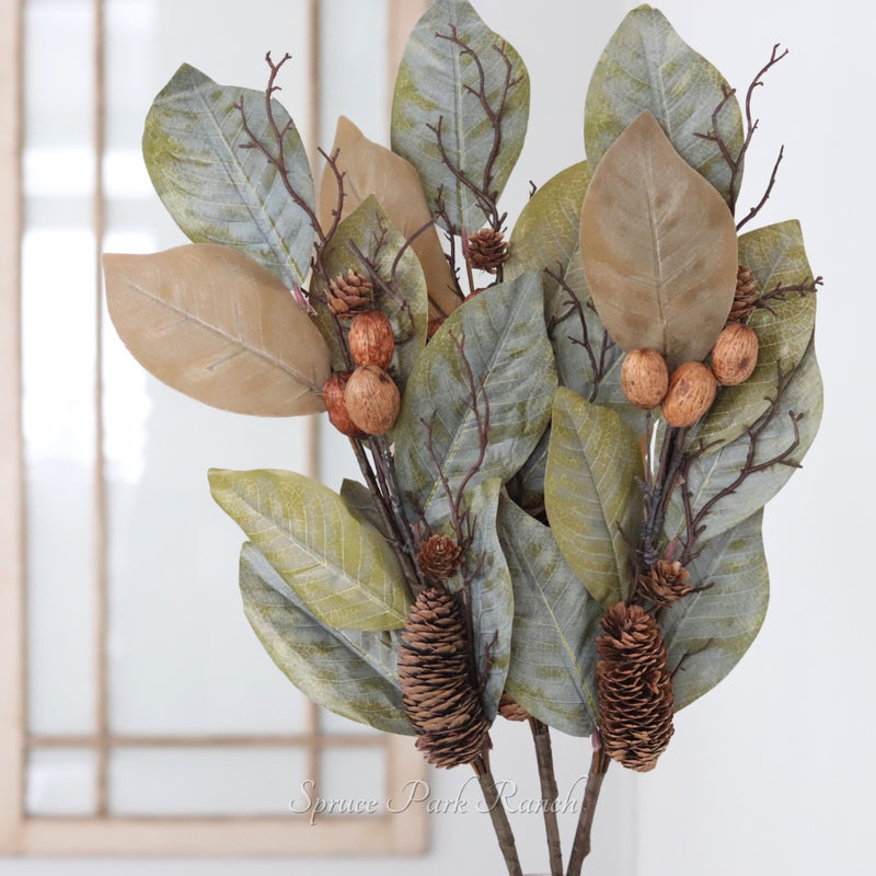 Magnolia Pinecone and Nut Stem 32"