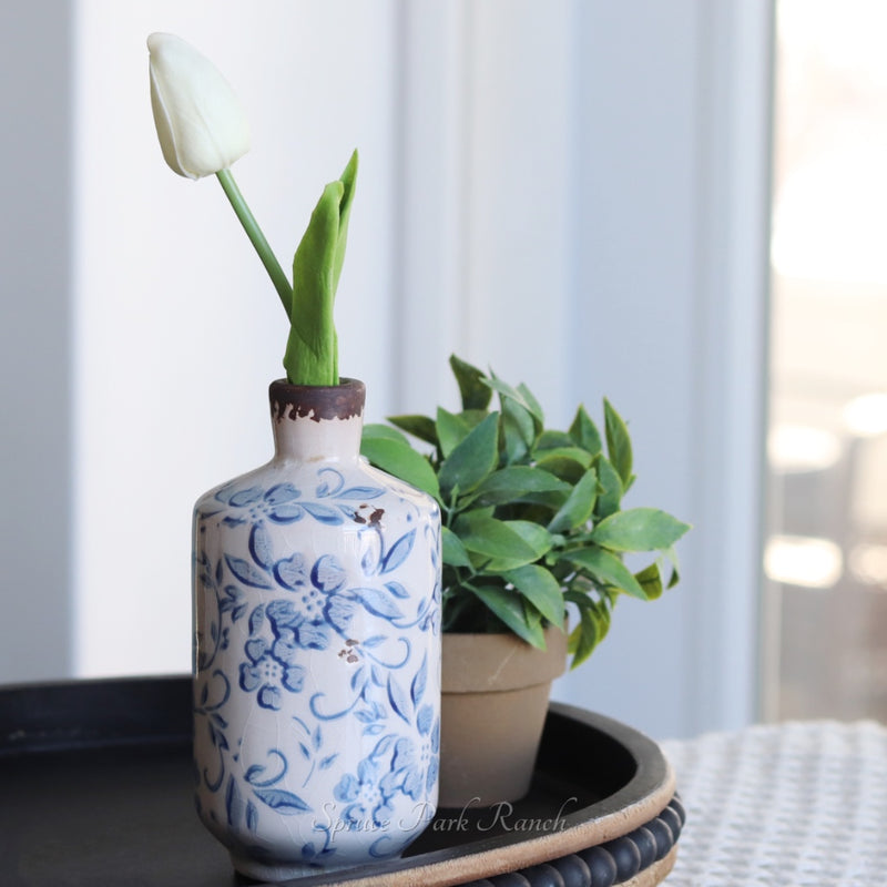 Vintage Blue Floral Bottle Vase