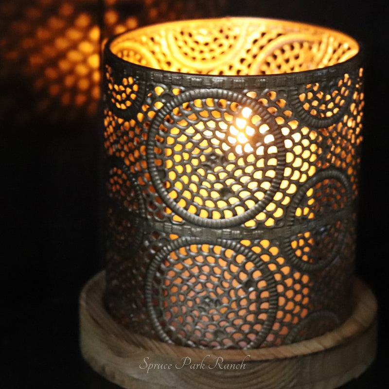 Champagne Punched Metal Hurricane with Wood Base