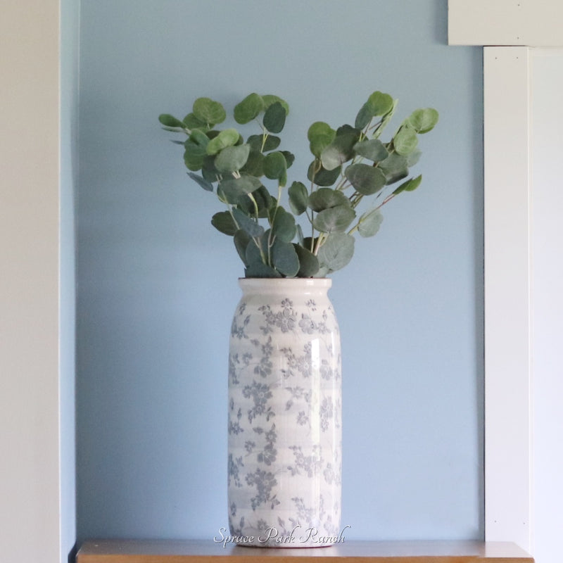 Vintage Grey Floral Ceramic Large Crackle Vase