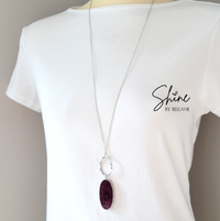 Merlot Oval Long Silver Necklace